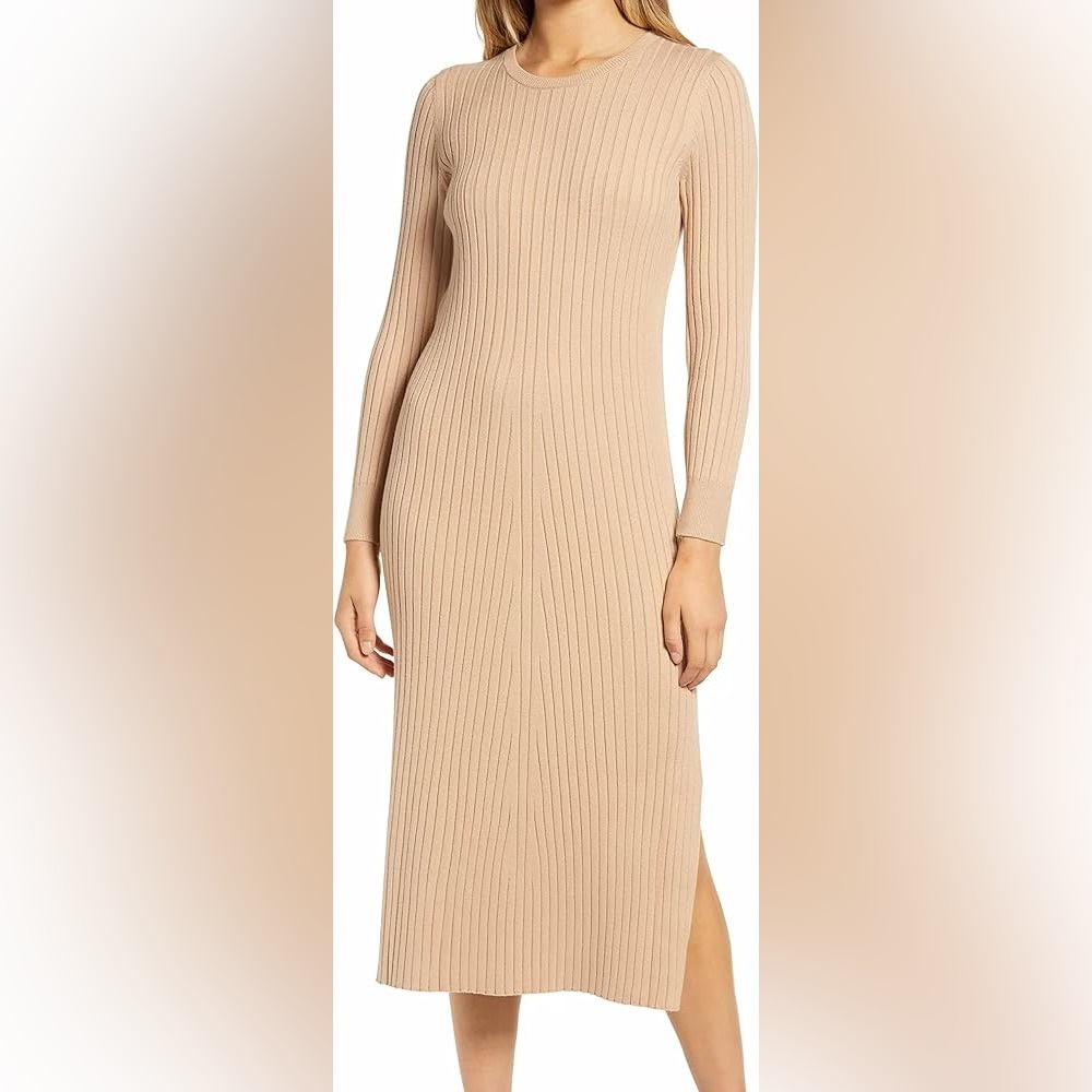 WAYF Women's Sweater Dress Ribbed Tie Back Slit Midi Beige Size Medium